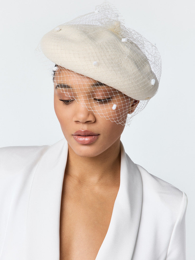 Poirier Wool Bridal Beret with Birdcage Veil — Ivory