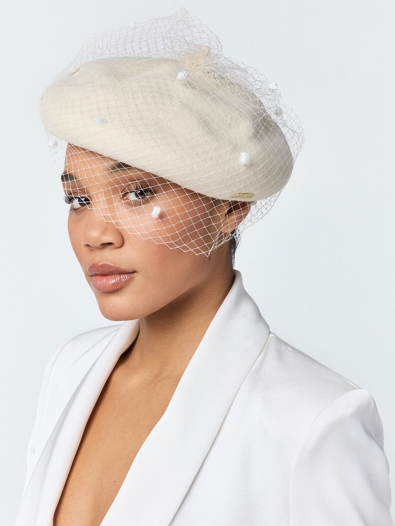 Poirier Wool Bridal Beret with Birdcage Veil — Ivory