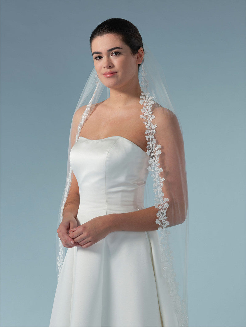 Poirier Floral Embroidered Veil — 120cm, Ivory