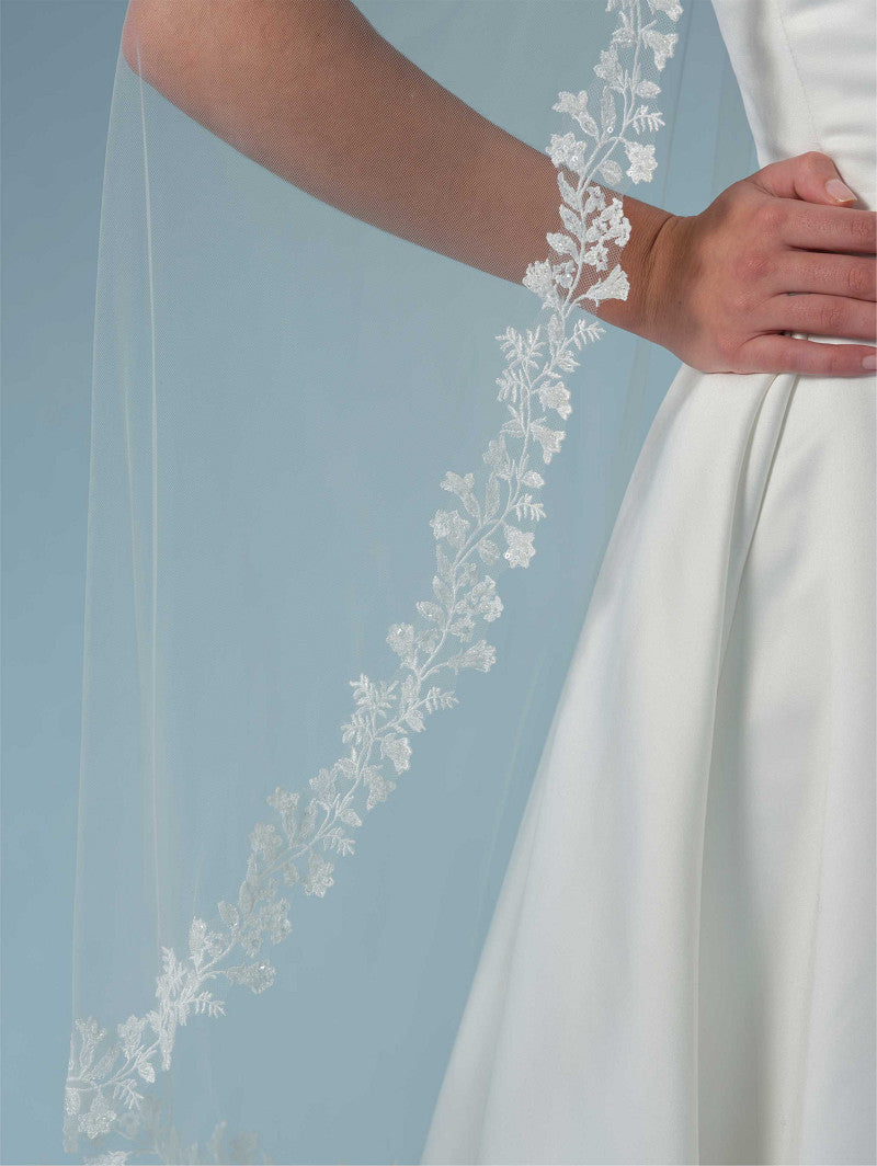 Poirier Floral Embroidered Veil — 120cm, Ivory