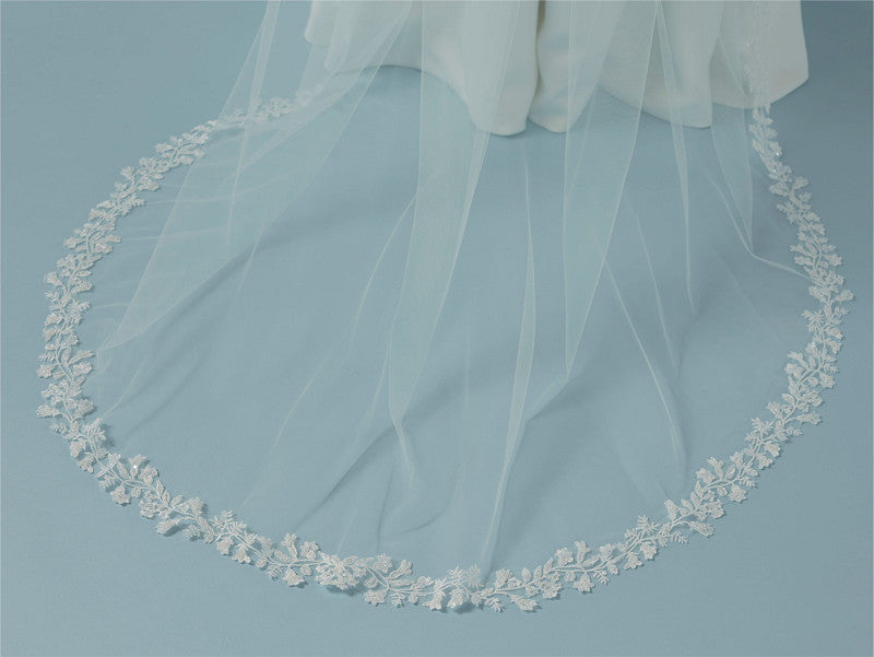 Poirier Floral Embroidered Veil — 210cm, Ivory